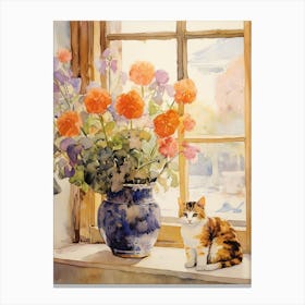 Cat With Pansy Flowers Watercolor Mothers Day Valentines 1 Canvas Print