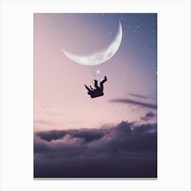 Astronaut Falling On Clouds and Crescent Moon Canvas Print