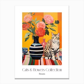 Cats & Flowers Collection Rose Flower Vase And A Cat, A Painting In The Style Of Matisse 1 Canvas Print