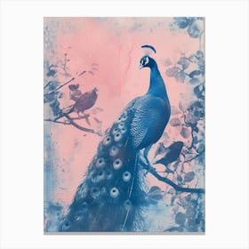 Peacock In A Tree With Other Birds Cyanotype Inspired Canvas Print