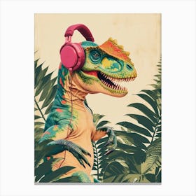 Retro Collage Dinosaur Listening To Music With Headphones 3 Canvas Print