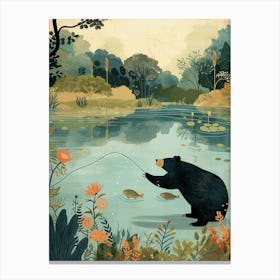 Sloth Bear Catching Fish In A Tranquil Lake Storybook Illustration 2 Canvas Print