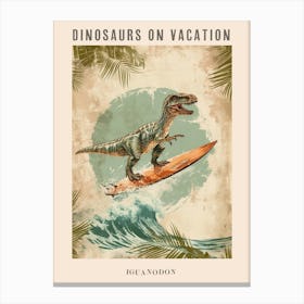 Vintage Iguanodon Dinosaur On A Surf Board 2 Poster Canvas Print