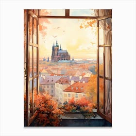 Window View Of Prague Czech Republic In Autumn Fall, Watercolour 2 Canvas Print