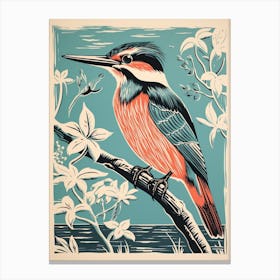 Vintage Bird Linocut Kingfisher 3 Canvas Print