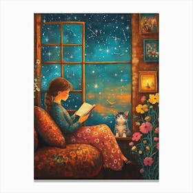 Girl Reading Book with Her Cat 1 Canvas Print