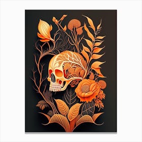 Skull With Intricate Linework 2 Orange Botanical Canvas Print