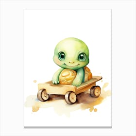 Baby Turtle On A Toy Car, Watercolour Nursery 1 Canvas Print