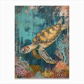 Blue Sea Turtle Exploring The Ocean Collage 4 Canvas Print