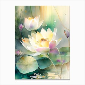 Lotus Flowers In Garden Storybook Watercolour 1 Canvas Print