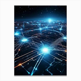 Cybernetic Abstract Concept Art Featuring A Network Of Luminous Dots And Waves Polygons And Streams Canvas Print