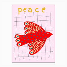 Peace Folk Red Bird On Grid Canvas Print