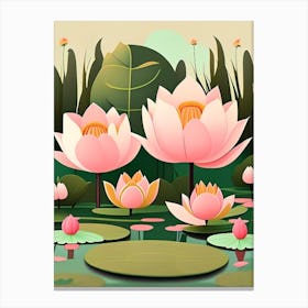 Lotus Flowers In Park Scandi Cartoon 6 Canvas Print