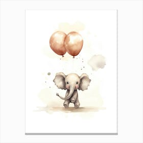 Baby Elephant Flying With Ballons, Watercolour Nursery Art 4 Canvas Print