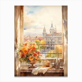 Window View Of Madrid Spain In Autumn Fall, Watercolour 2 Canvas Print