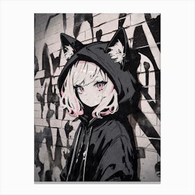 Kawaii Aesthetic Monochrome Nekomimi Anime Cat Girl Urban Graffiti Style Canvas Print