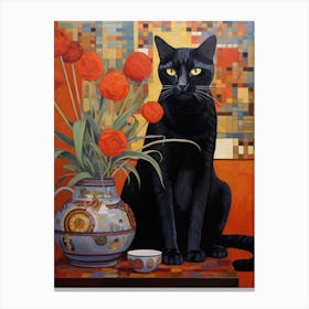 Black Cat With Tulips 3 Canvas Print