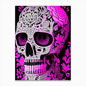 Skull With Intricate Henna 1 Designs Pink Linocut Canvas Print