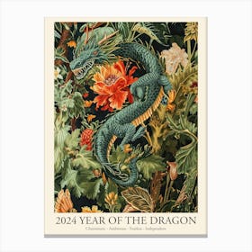 Lunar Year Of The Dragon 2024 Greend Dragon Art Chinese Zodiac Floral Botanical Canvas Print
