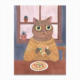 Brown Cat Pizza Lover Folk Illustration 3 Canvas Print