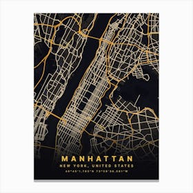 Manhattan New York USA Black And Gold Map Canvas Print