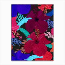 Cute Hibiscus And Tropical Leaves Vibrant Pattern Canvas Print