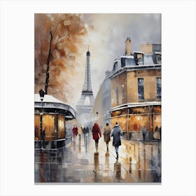 Paris cafes, winter season, Christmas, autumn oil colors, pale colors, pedestrians in the street, winter clothes, falling snow.Christmas decorations.10 2 Canvas Print