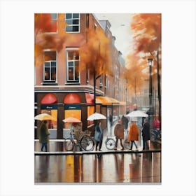 Amsterdam cafes, autumn season, rain, autumn oil colours.Faded colours,People passing on the street, winter clothes, rain umbrellas.12 3 Canvas Print