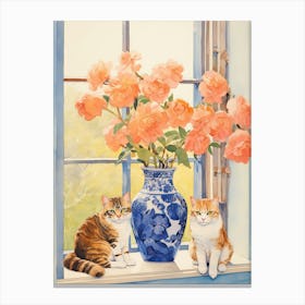 Cat With Camelia Flowers Watercolor Mothers Day Valentines 1 Canvas Print