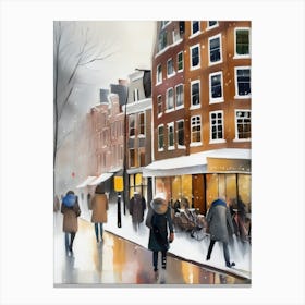 Amsterdam cafes, winter season, Christmas, autumn oil colors, pale colors, pedestrians in the street, winter clothes, falling snow.1 2 Stampe su tela