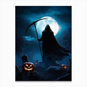 Sinister Reaper Silhouetted Against A Full Moon On Halloween Night Draped In A Tattered Black Cloak (4) Canvas Print