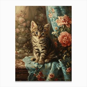 Kitten With Pink Flowers Rococo Inspired 1 Canvas Print