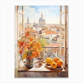 Window View Of Lisbon Portugal In Autumn Fall, Watercolour 3 Canvas Print