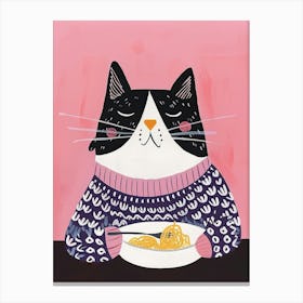 Black And White Cat Eating Pizza Folk Illustration 3 Canvas Print