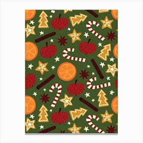 Holiday Spice Folk Art Apples, Oranges, Candy Canes, Cookies on Green Canvas Print