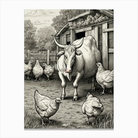 Cow And Chickens Canvas Print