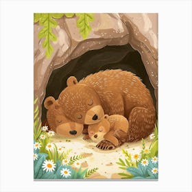 Brown Bear Family Sleeping In A Cave Storybook Illustration 1 Canvas Print