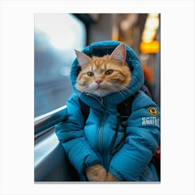 The Cute Cat Is Smiling, Wearing Blue Nike Wool, Carrying A Small Bag, Sitting On The Metro Canvas Print