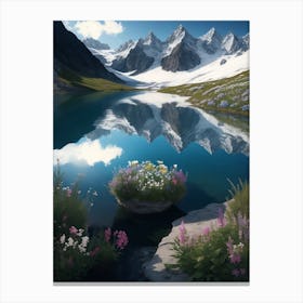 Alpine Glacier Lake Abloom With Alpine Flora Canvas Print