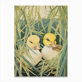 Ducklings In The Leaves Japanese Woodblock Style 4 Canvas Print