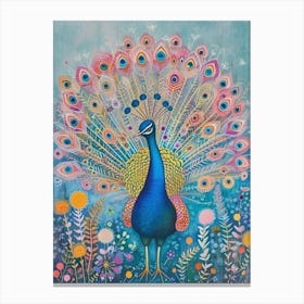 Folky Floral Peacock With Its Feathers Open 1 Canvas Print