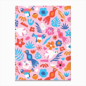 Paper Cut Out Collage Exotic Birds, Fruit, and Flowers - Pink Orange Blue Canvas Print