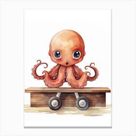 Baby Octopus On A Toy Car, Watercolour Nursery 1 Canvas Print