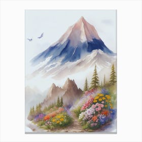 Watercolor Of Beautiful Mountains And Flowers Canvas Print