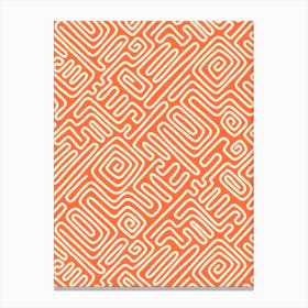 Mod Art Geometric Doodle Maze Grid Cream White Line Art on Scarlet Orange Canvas Print