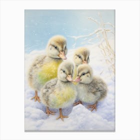 Icy Ducklings In The Snow Pencil Illustration 2 Canvas Print