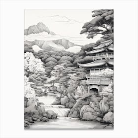 Yufuin In Oita, Ukiyo E Black And White Line Art Drawing 1 Canvas Print
