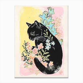 Cute Black Cat With Flowers Illustration 5 Canvas Print