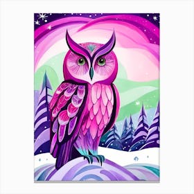 Pink Owl Snowy Landscape Painting (163) Canvas Print