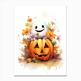 Cute Ghost With Pumpkins Halloween Watercolour 51 Canvas Print
